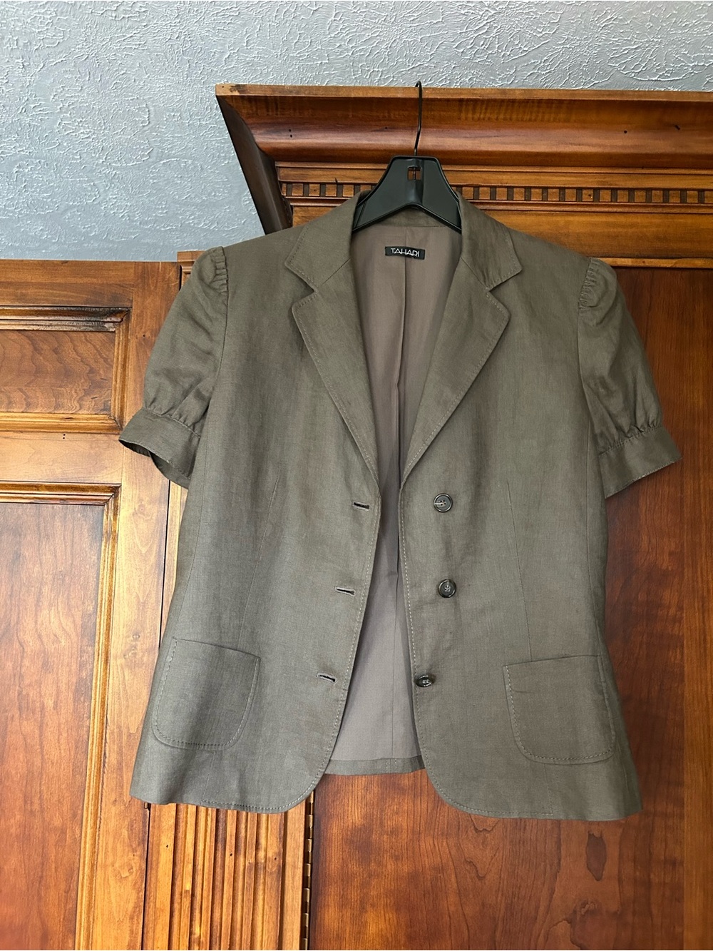 Tahari Olive/Brown Java(Neutral)Short-Sleeve Notch-Lapel Stitching Design Blazer - Picture 6 of 16